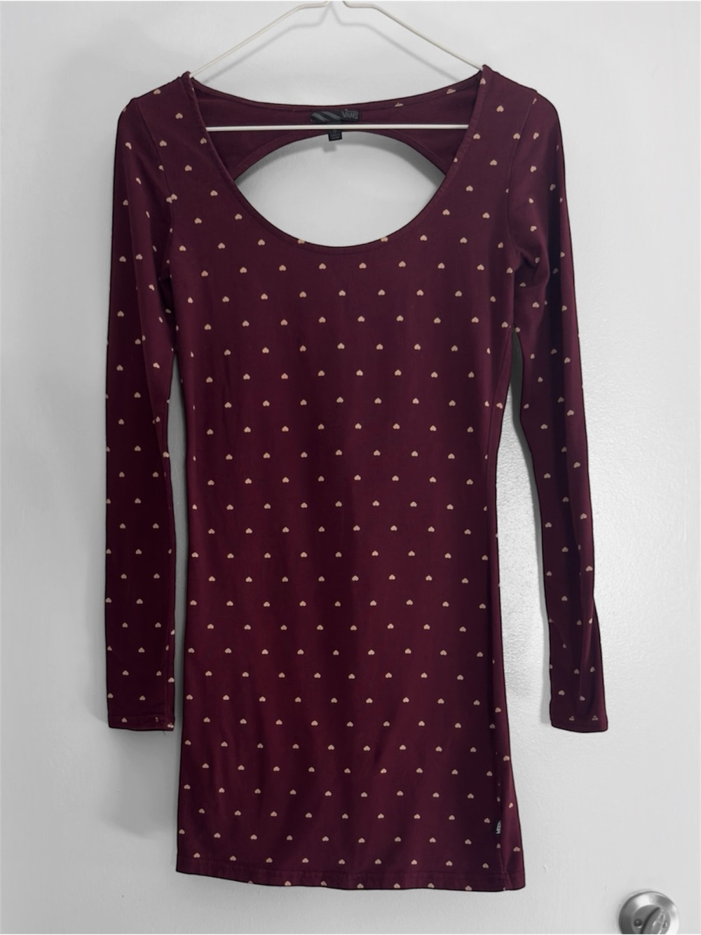 Vans Maroon Heart Print Cutout Back Long Sleeve Mini Dress Small Skater Grunge